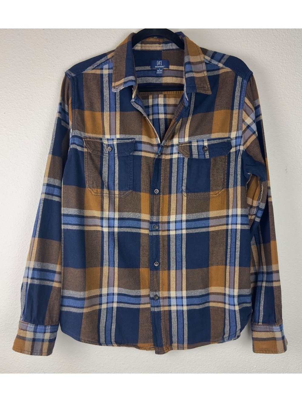 George Men’s L Plaid Flannel Shirt Blue Brown Tan Long Sleeve Workwear Button Up